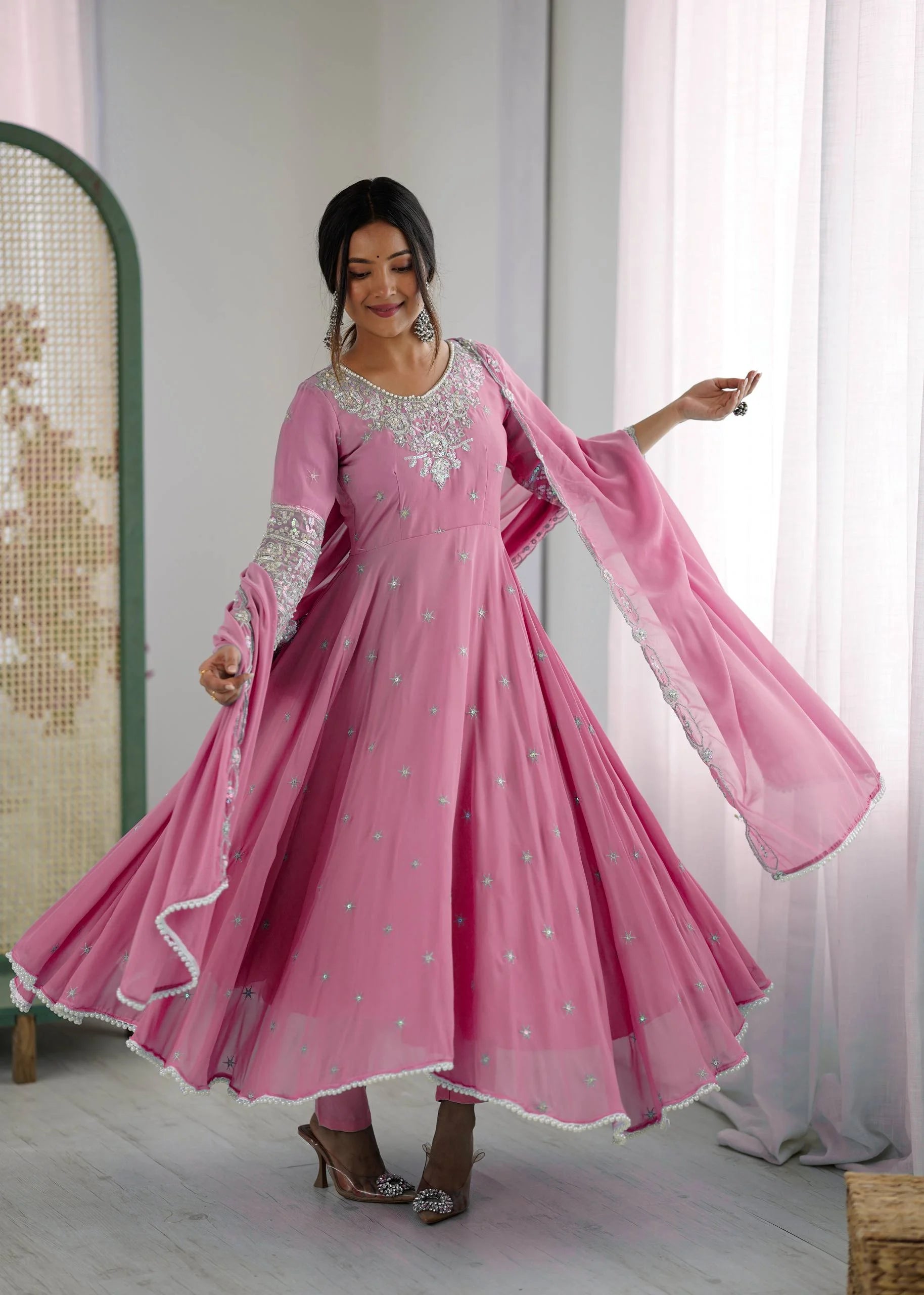 Premium Heavy Faux Anarkali Gown with Full Sleeves & Embroidered Dupatta