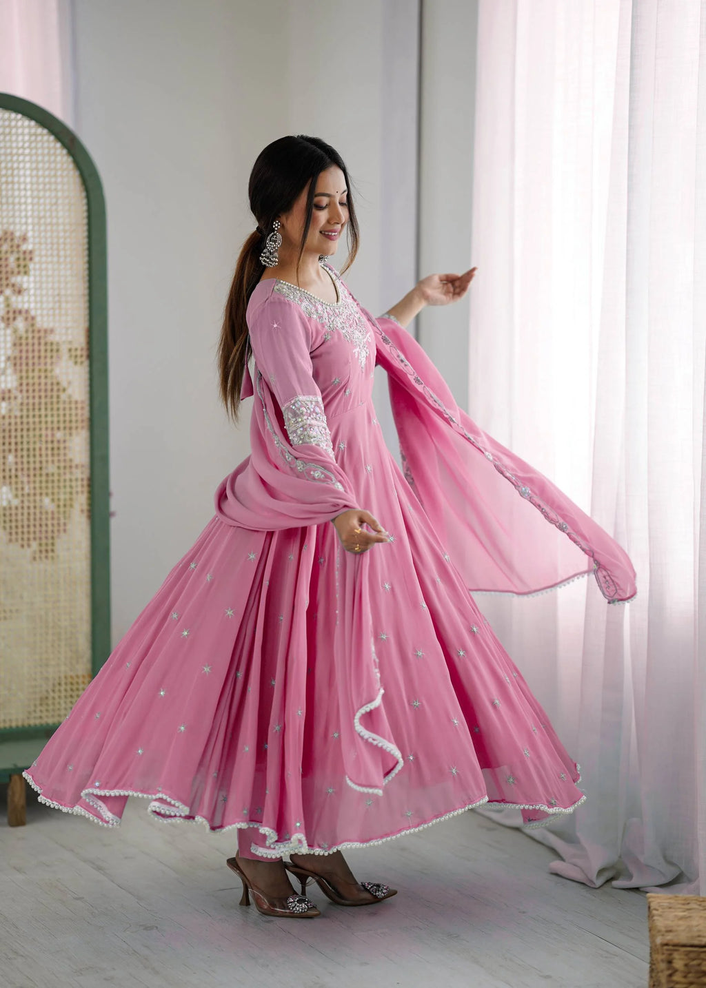 Premium Heavy Faux Anarkali Gown with Full Sleeves & Embroidered Dupatta