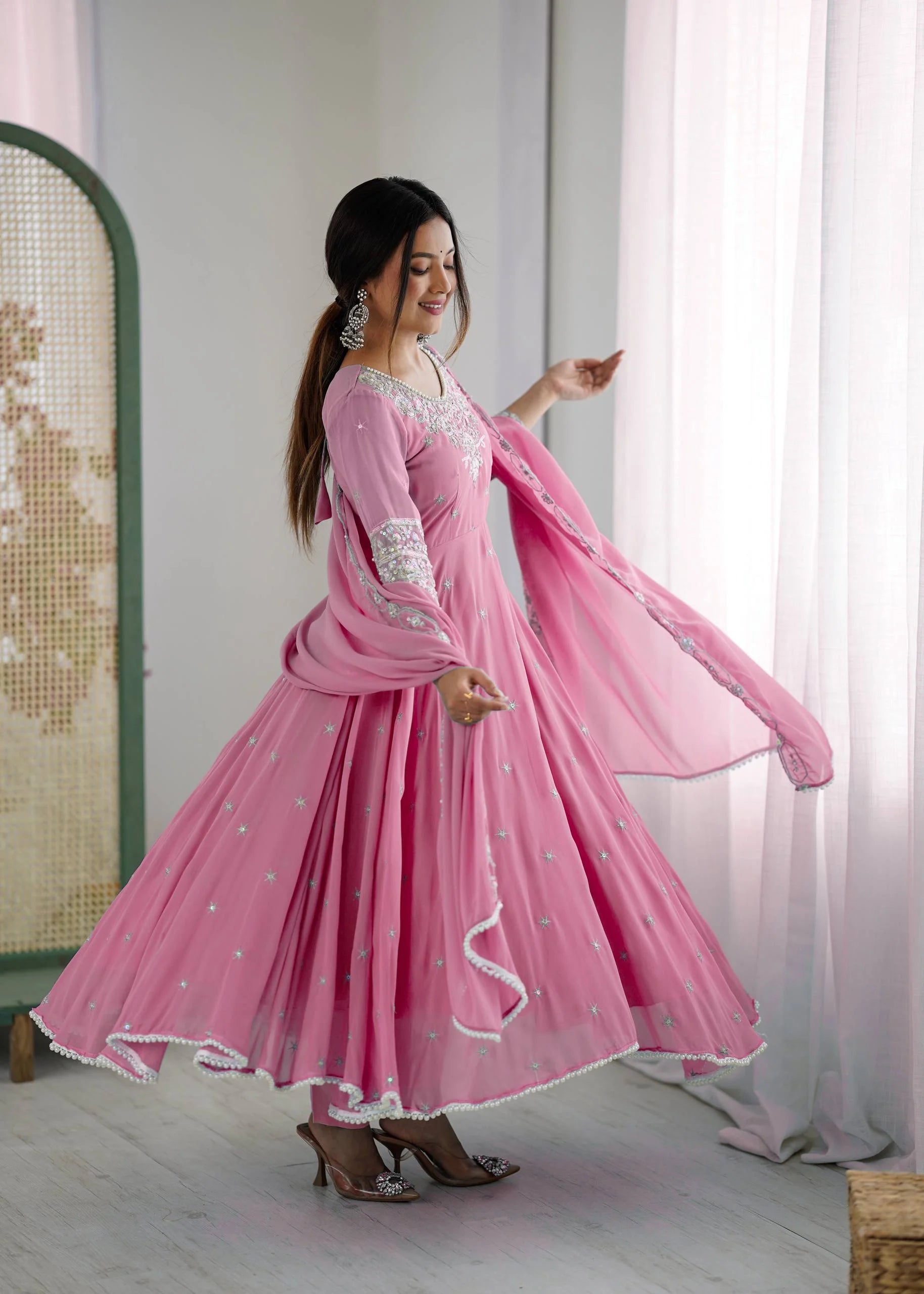 Premium Heavy Faux Anarkali Gown with Full Sleeves & Embroidered Dupatta