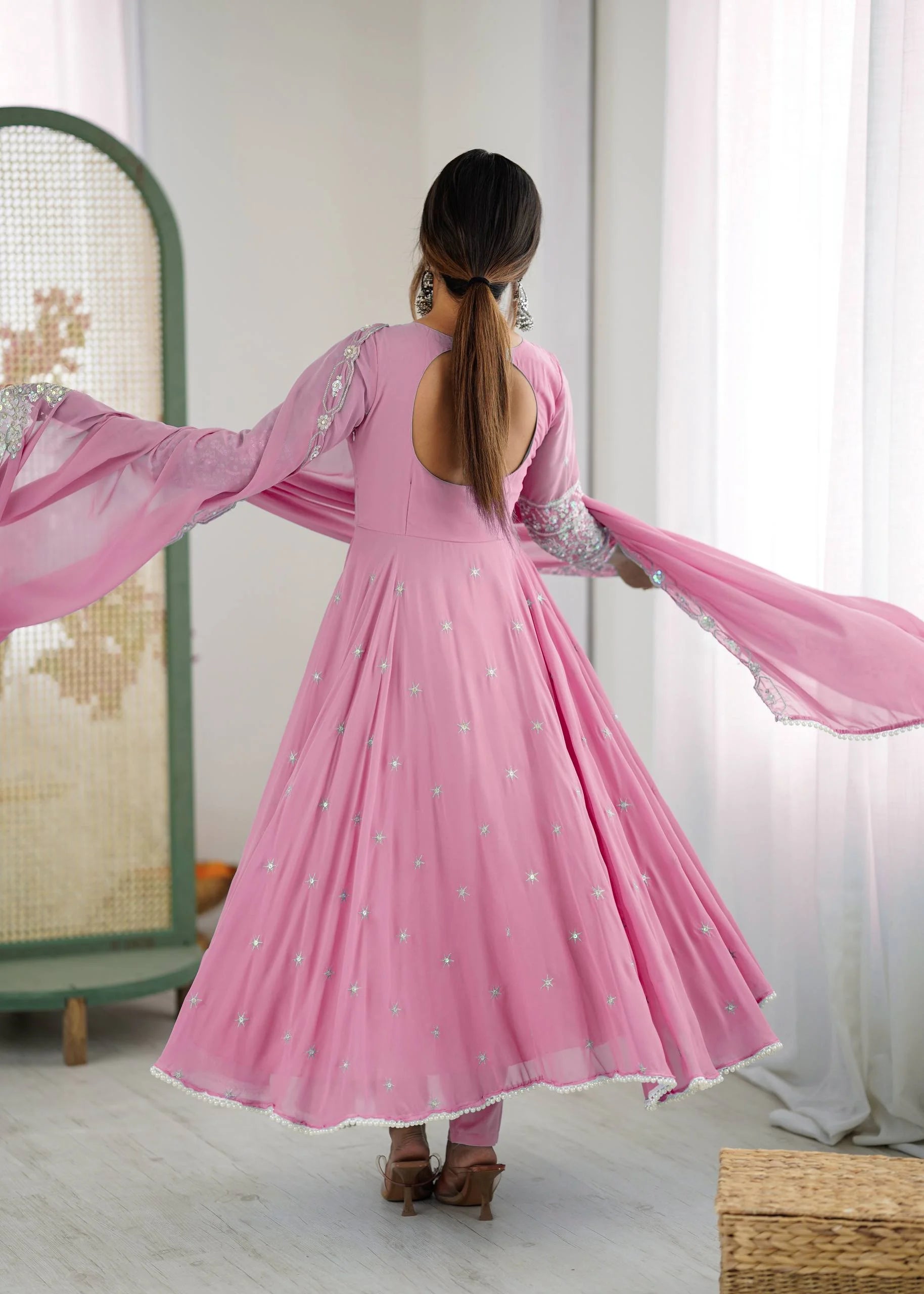 Premium Heavy Faux Anarkali Gown with Full Sleeves & Embroidered Dupatta