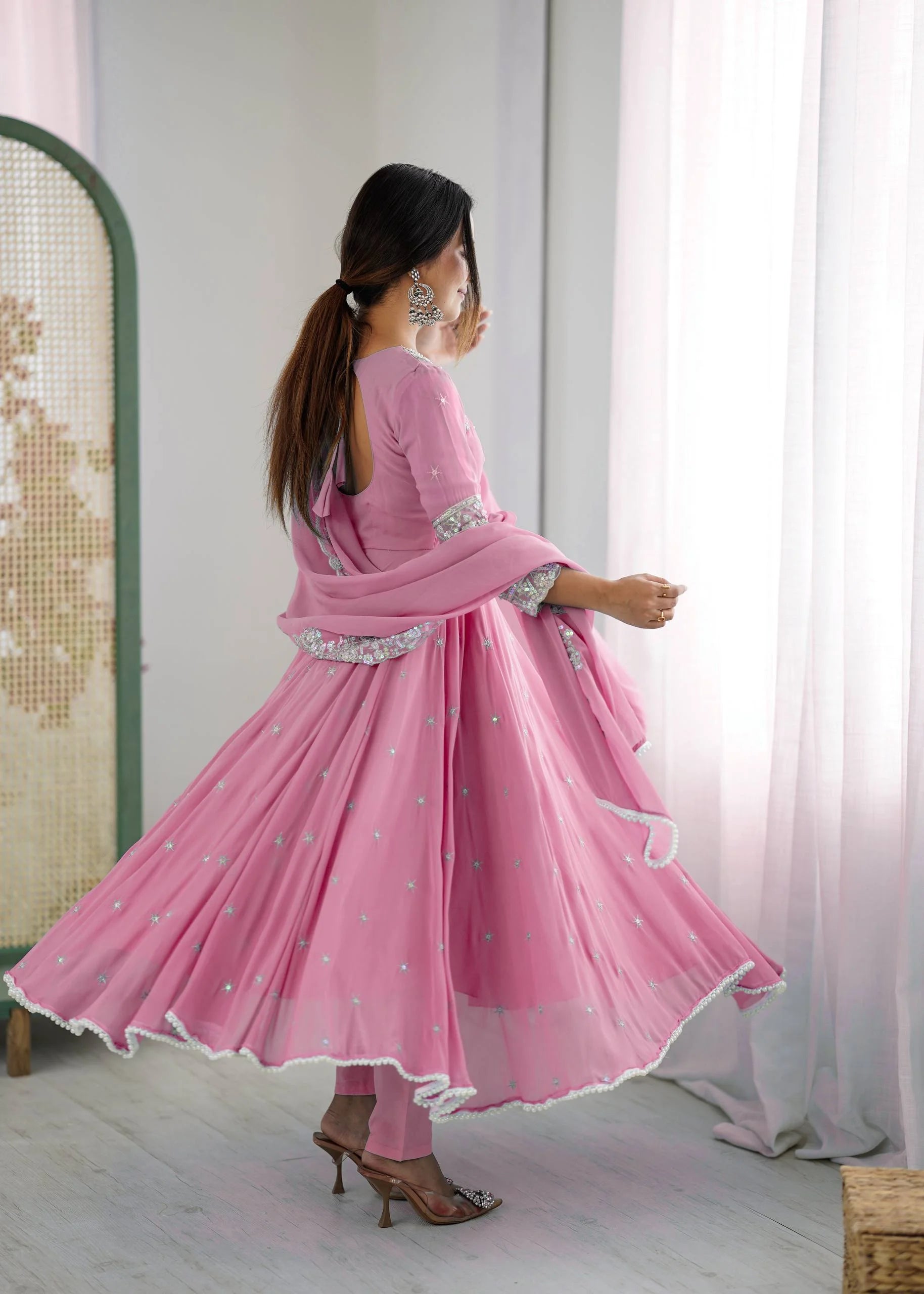 Premium Heavy Faux Anarkali Gown with Full Sleeves & Embroidered Dupatta