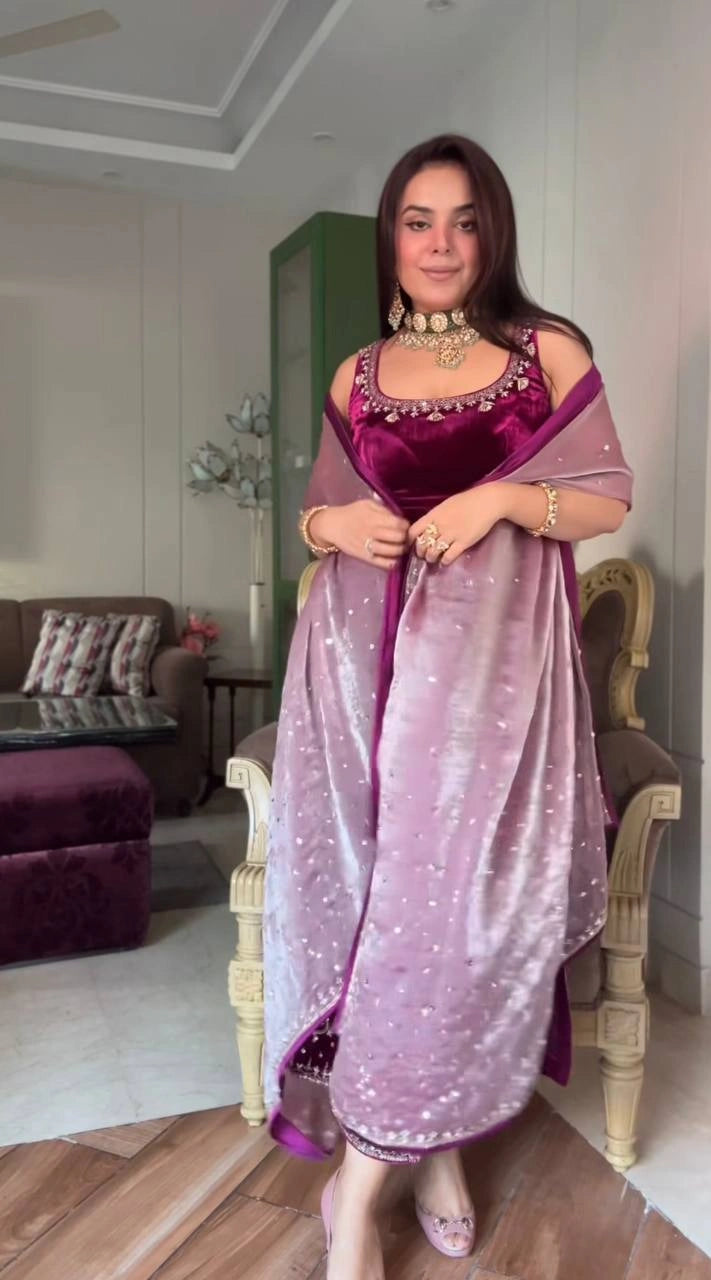 Elegant Velvet Embroidery Suit Set with Organza Sequence Dupatta