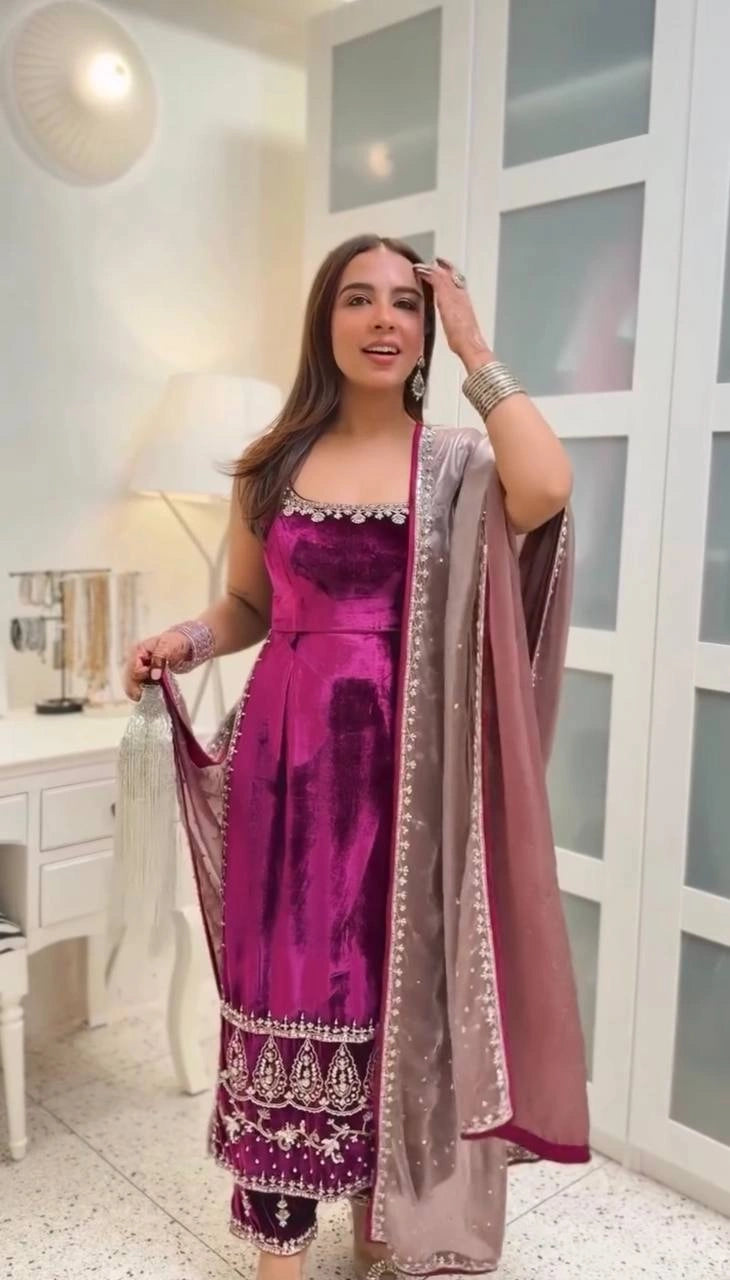 Elegant Velvet Embroidery Suit Set with Organza Sequence Dupatta