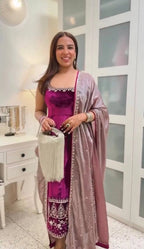 Elegant Velvet Embroidery Suit Set with Organza Sequence Dupatta