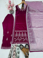 Elegant Velvet Embroidery Suit Set with Organza Sequence Dupatta