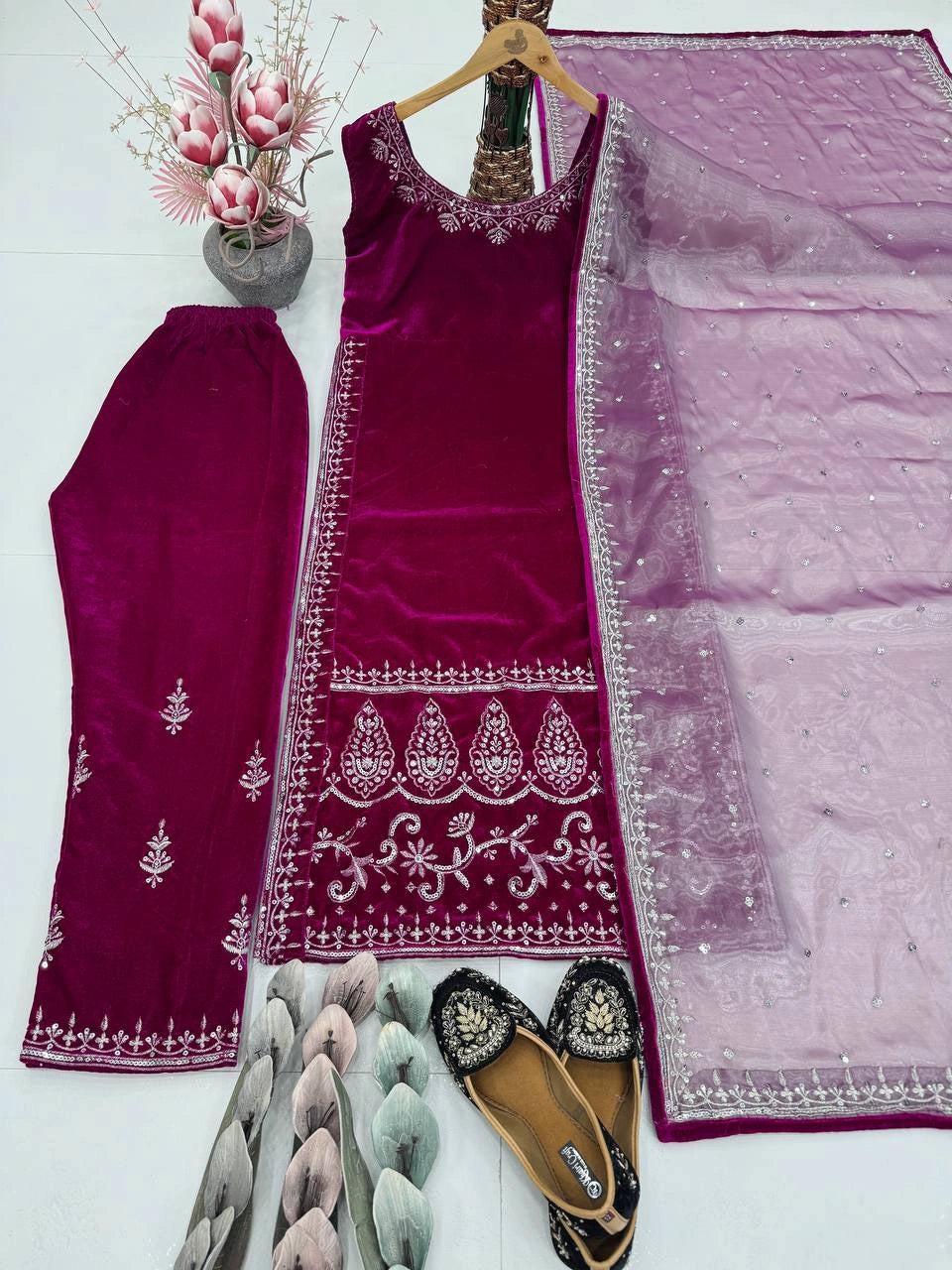 Elegant Velvet Embroidery Suit Set with Organza Sequence Dupatta