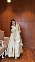 Classic Glam: Chinon Anarkali Suit Set with Intricate Embroidery, Pant & Dupatta