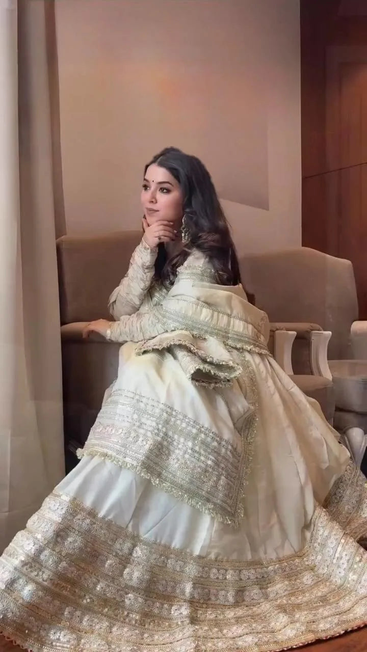 Classic Glam: Chinon Anarkali Suit Set with Intricate Embroidery, Pant & Dupatta