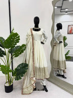 Classic Glam: Chinon Anarkali Suit Set with Intricate Embroidery, Pant & Dupatta