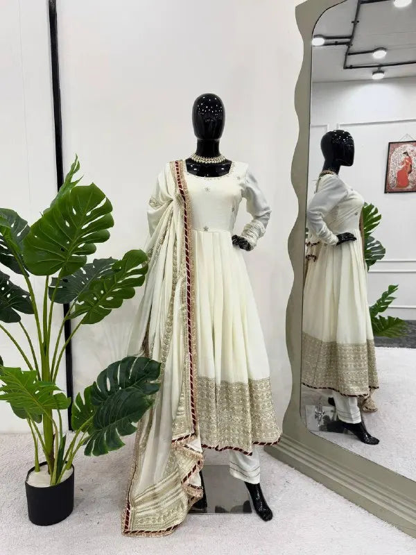 Classic Glam: Chinon Anarkali Suit Set with Intricate Embroidery, Pant & Dupatta