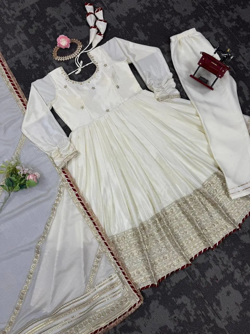 Classic Glam: Chinon Anarkali Suit Set with Intricate Embroidery, Pant & Dupatta