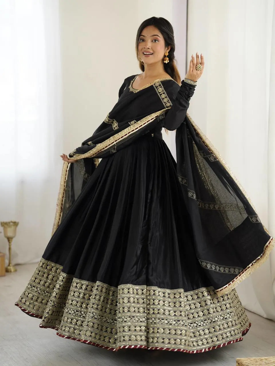 Regal Charm: Chinon Top with Dori Latkan, Elastic Pant & Embroidered Dupatta