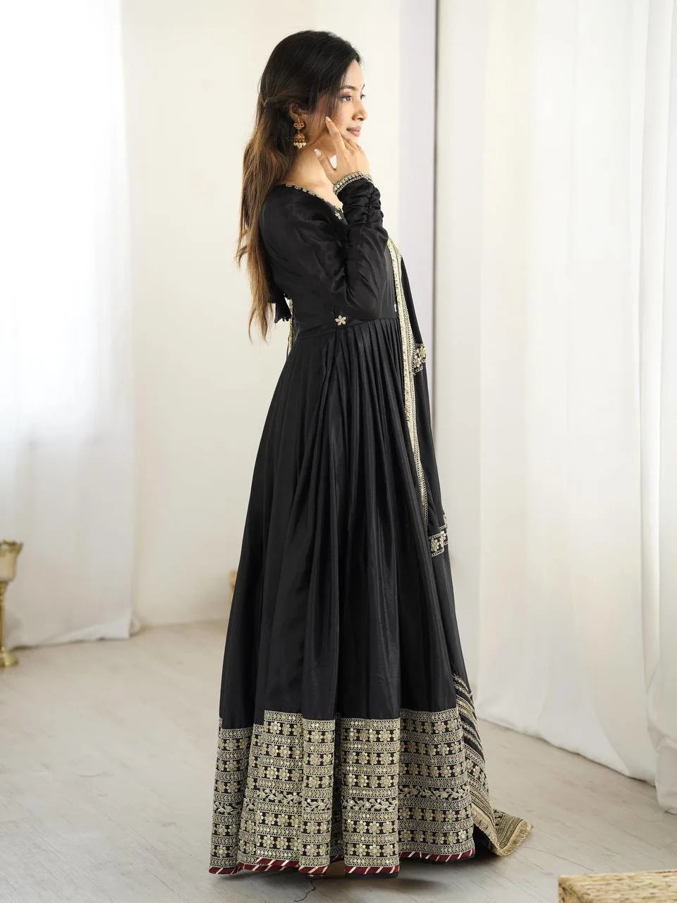 Regal Charm: Chinon Top with Dori Latkan, Elastic Pant & Embroidered Dupatta