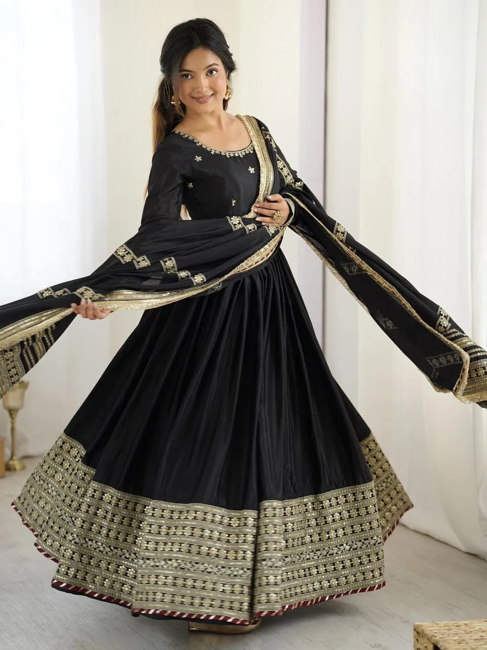 Regal Charm: Chinon Top with Dori Latkan, Elastic Pant & Embroidered Dupatta