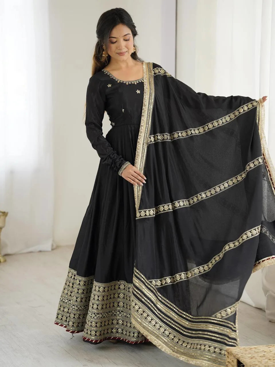 Regal Charm: Chinon Top with Dori Latkan, Elastic Pant & Embroidered Dupatta
