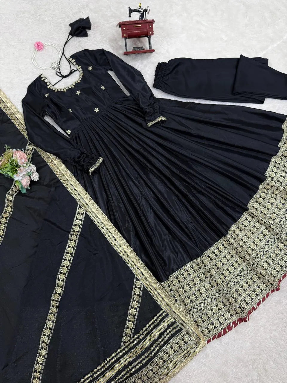 Regal Charm: Chinon Top with Dori Latkan, Elastic Pant & Embroidered Dupatta