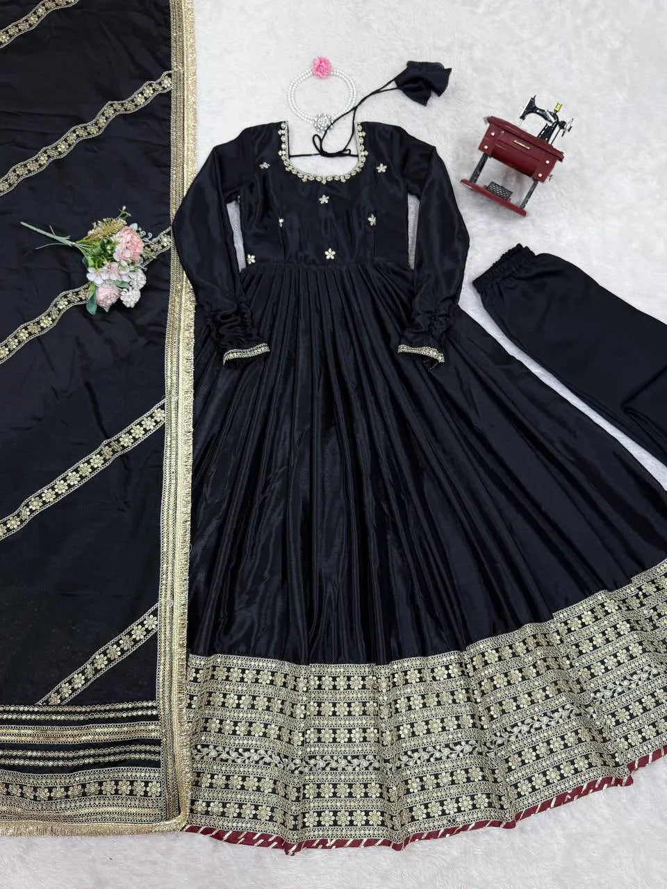 Regal Charm: Chinon Top with Dori Latkan, Elastic Pant & Embroidered Dupatta