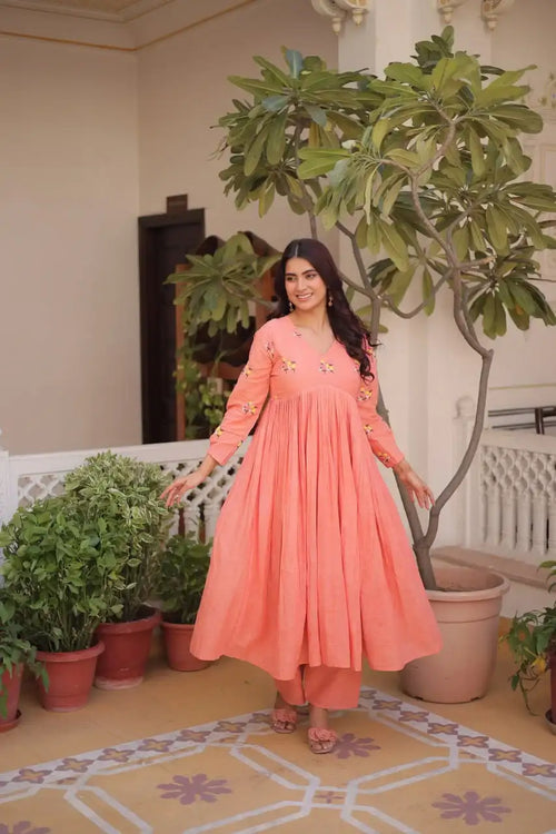 Daily Wear Cotton Kurti Set with Delicate Embroidered Work