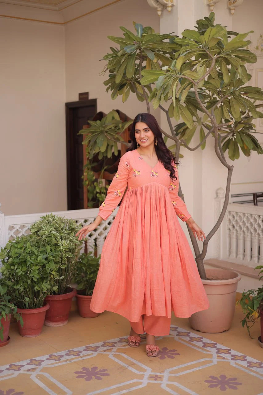 Daily Wear Cotton Kurti Set with Delicate Embroidered Work
