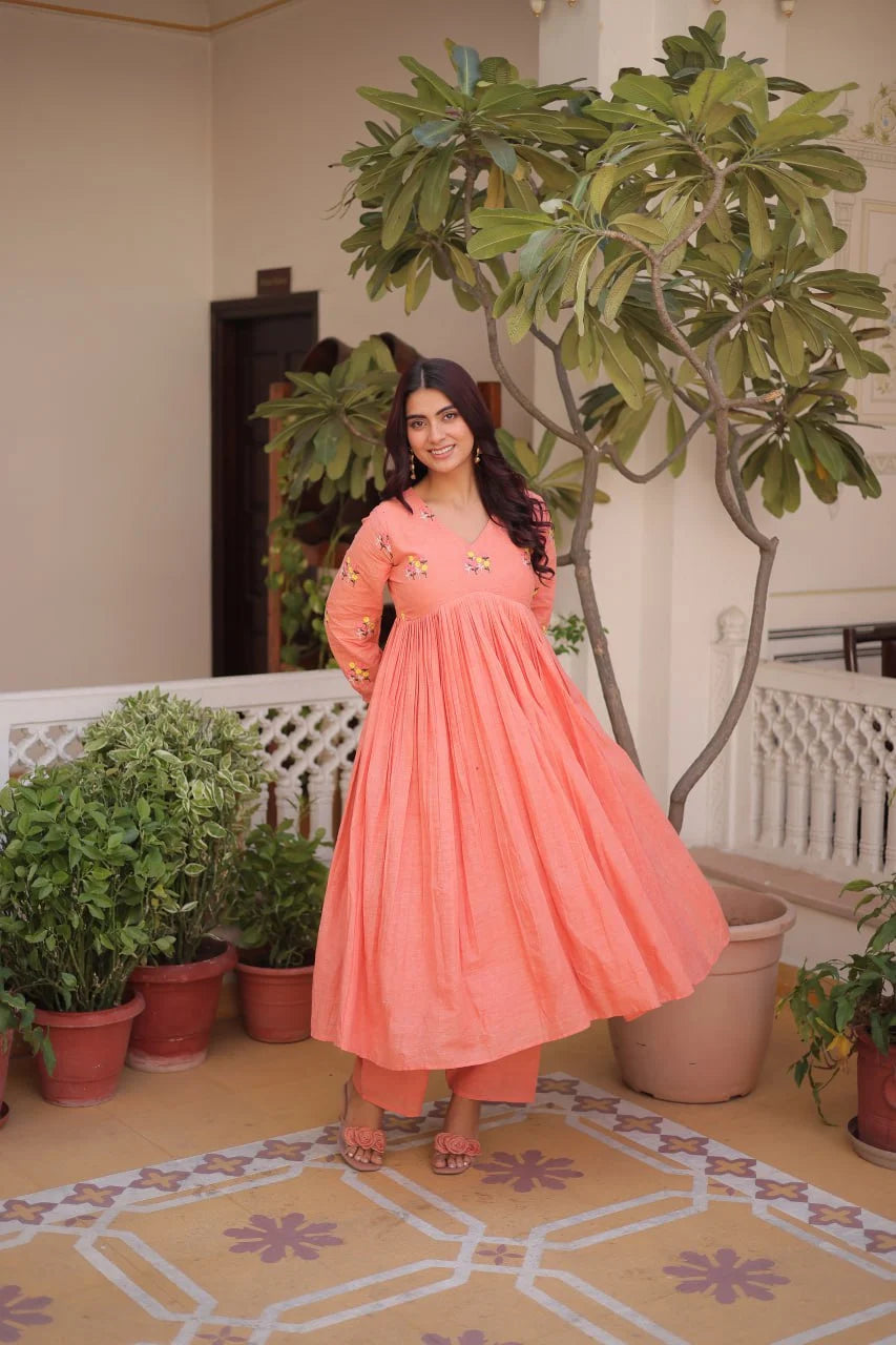 Daily Wear Cotton Kurti Set with Delicate Embroidered Work
