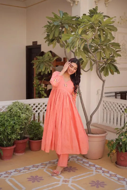 Daily Wear Cotton Kurti Set with Delicate Embroidered Work