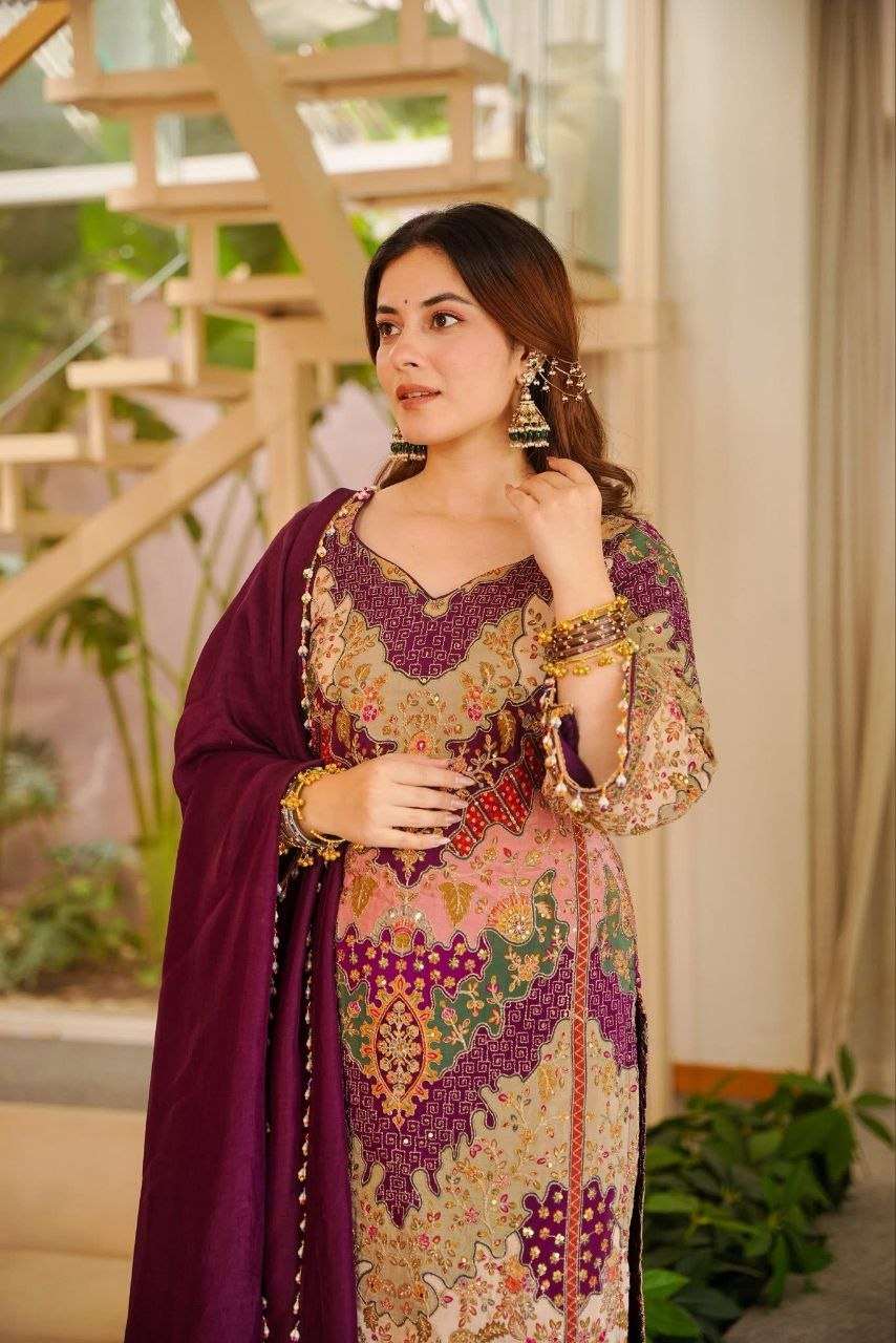 Royal Wine Mirror Work  Kurta Sharara Set – Luxury Ethnic Wear for Women