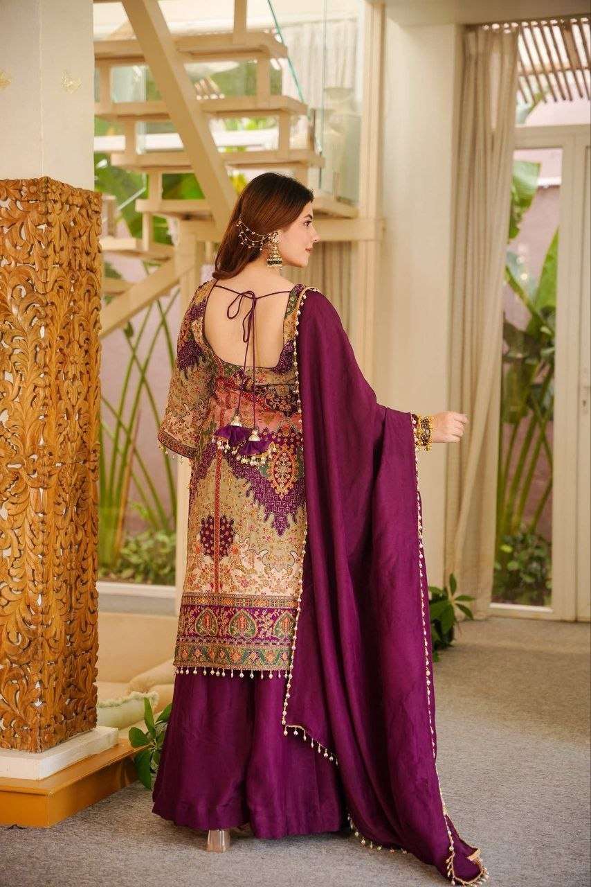 Royal Wine Mirror Work  Kurta Sharara Set – Luxury Ethnic Wear for Women