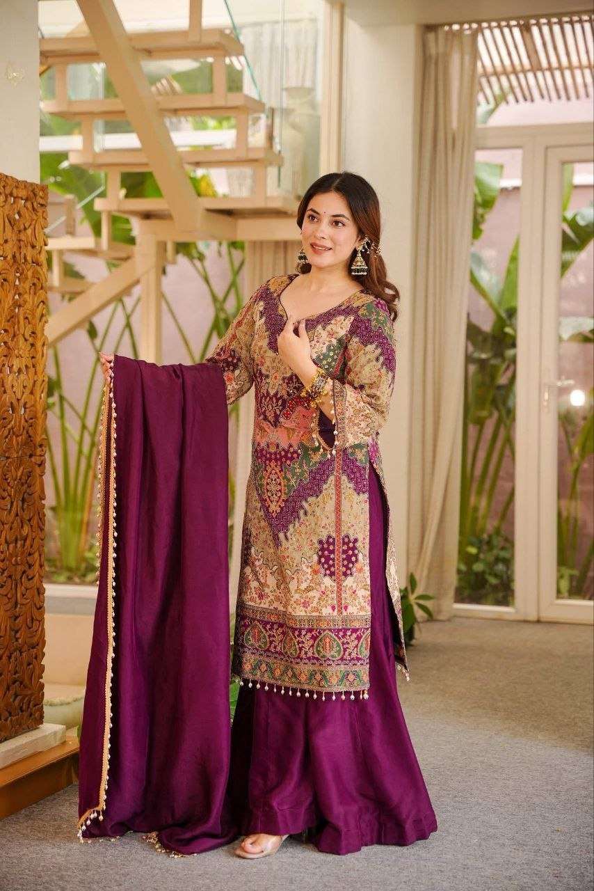 Royal Wine Mirror Work  Kurta Sharara Set – Luxury Ethnic Wear for Women