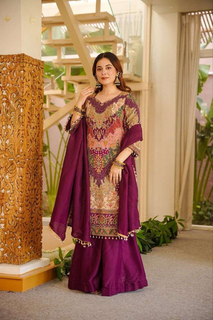 Royal Wine Mirror Work  Kurta Sharara Set – Luxury Ethnic Wear for Women