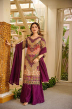 Royal Wine Mirror Work  Kurta Sharara Set – Luxury Ethnic Wear for Women