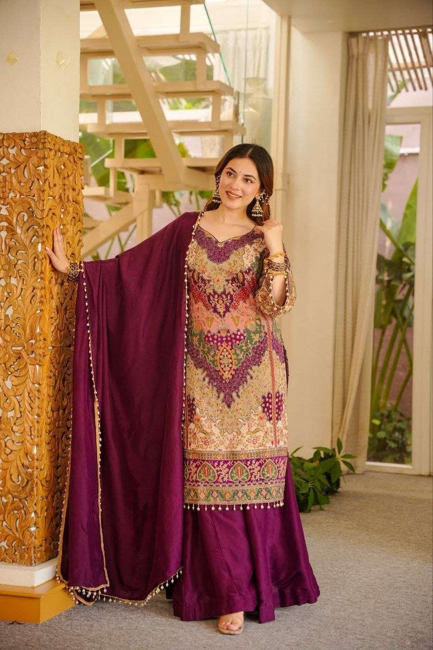 Royal Wine Mirror Work  Kurta Sharara Set – Luxury Ethnic Wear for Women