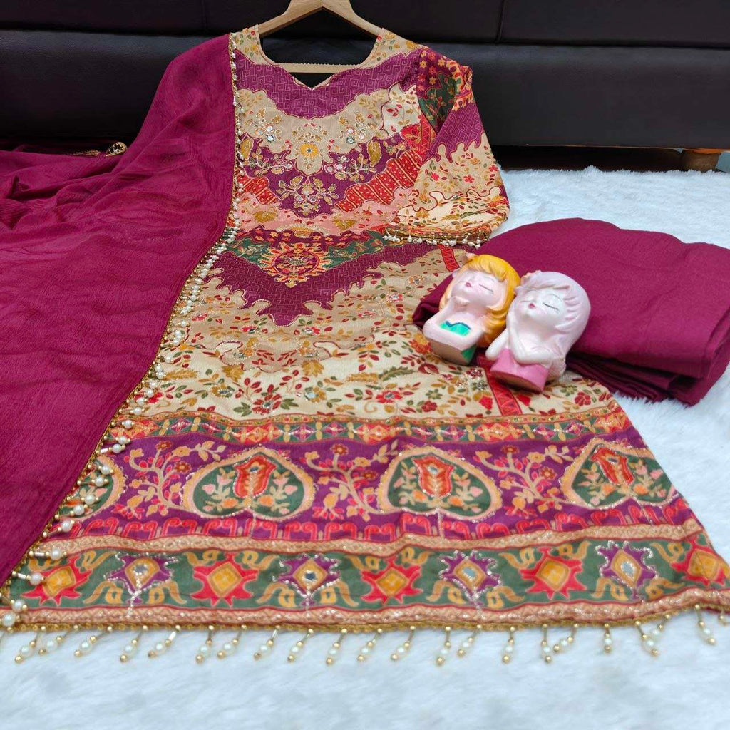 Royal Wine Mirror Work  Kurta Sharara Set – Luxury Ethnic Wear for Women