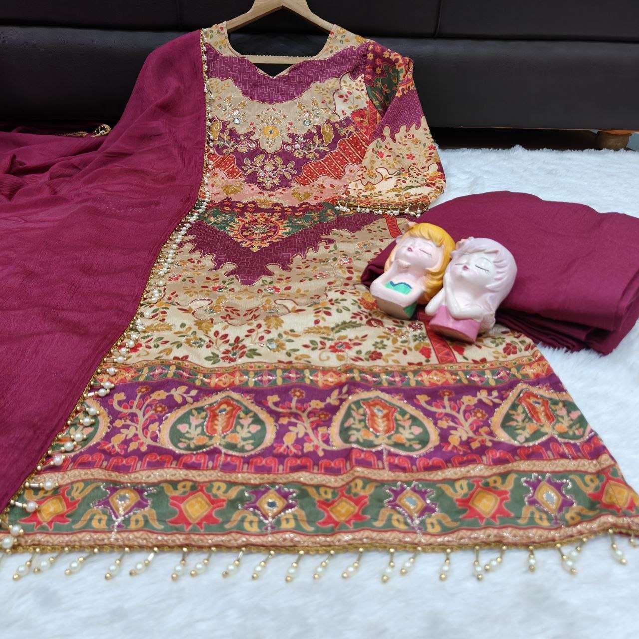 Royal Wine Mirror Work  Kurta Sharara Set – Luxury Ethnic Wear for Women