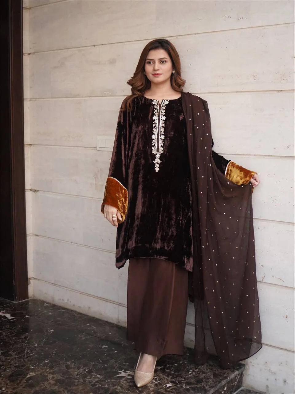 Premium Velvet Embroidered Kurti With Plazzo & Sequence Dupatta
