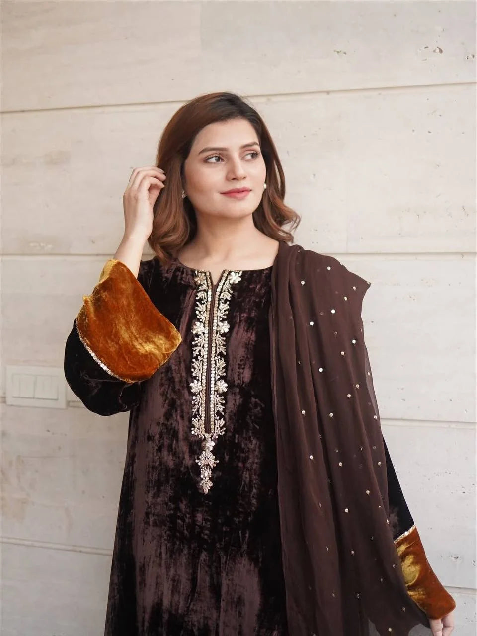Premium Velvet Embroidered Kurti With Plazzo & Sequence Dupatta