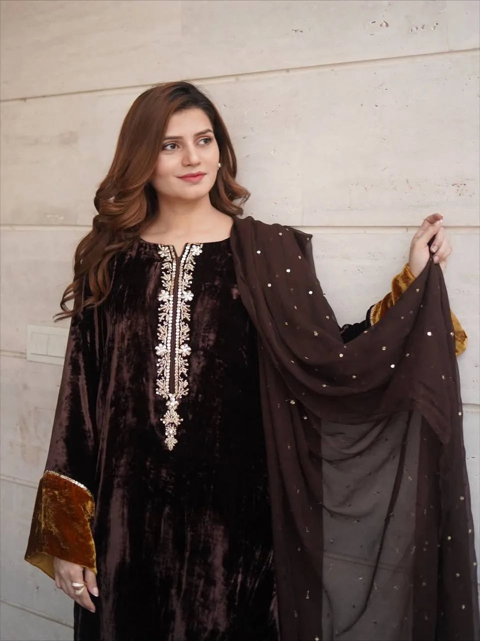 Premium Velvet Embroidered Kurti With Plazzo & Sequence Dupatta