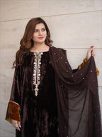 Premium Velvet Embroidered Kurti With Plazzo & Sequence Dupatta