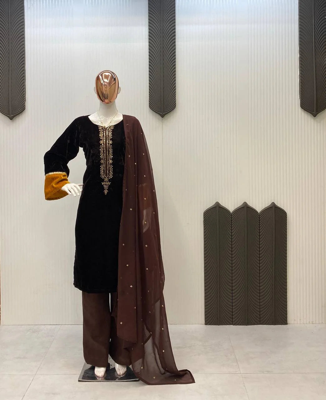 Premium Velvet Embroidered Kurti With Plazzo & Sequence Dupatta
