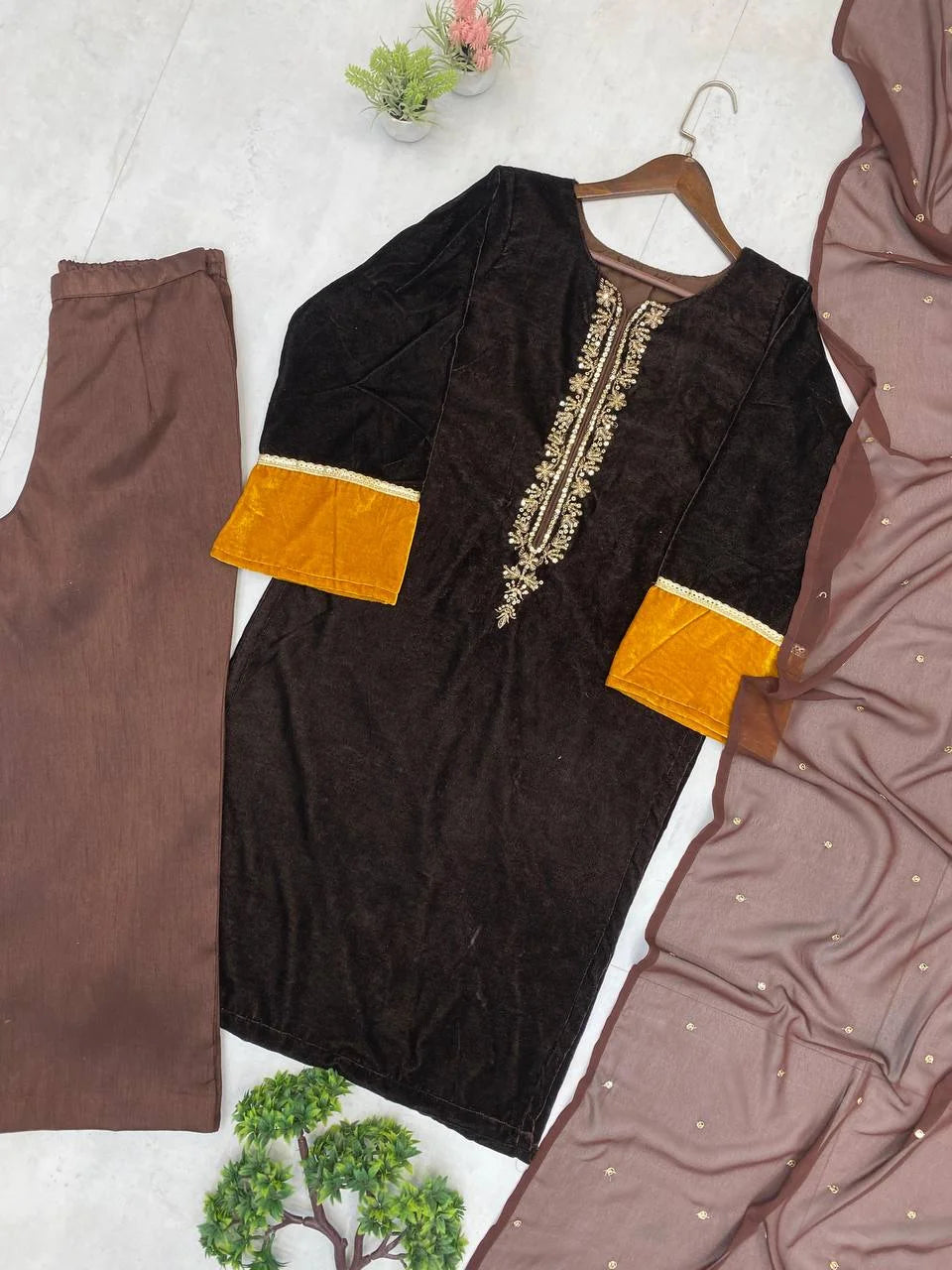 Premium Velvet Embroidered Kurti With Plazzo & Sequence Dupatta