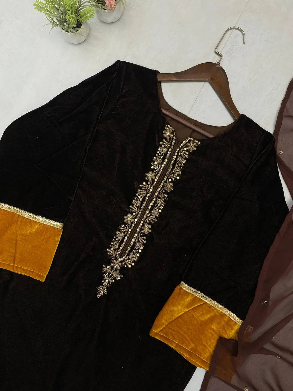 Premium Velvet Embroidered Kurti With Plazzo & Sequence Dupatta
