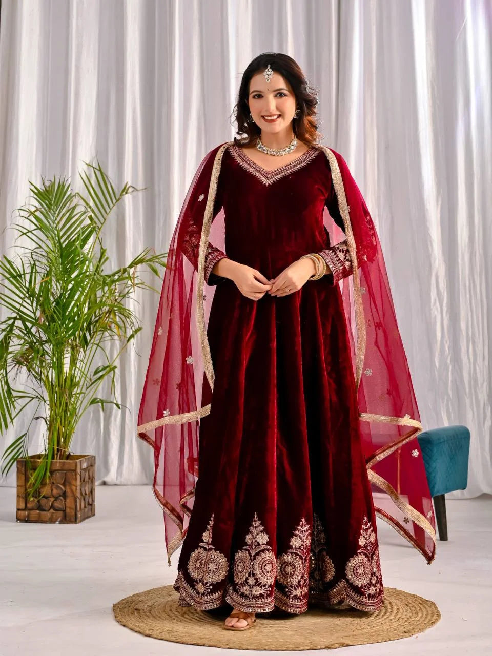 Luxury Velvet Anarkali Set with Heavy Sequence Embroidery & Net Dupatta