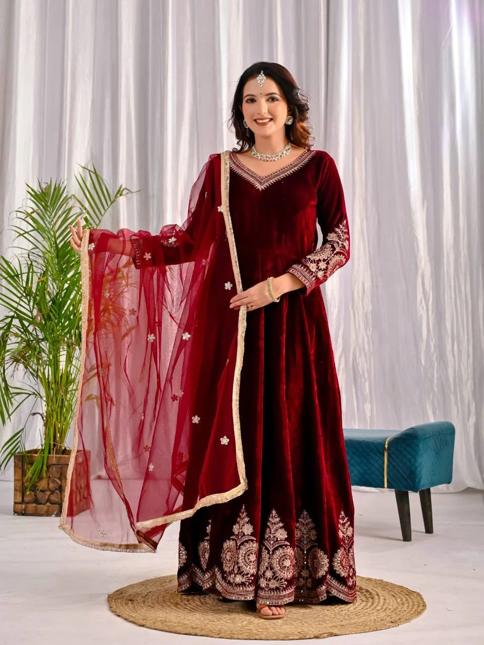 Luxury Velvet Anarkali Set with Heavy Sequence Embroidery & Net Dupatta