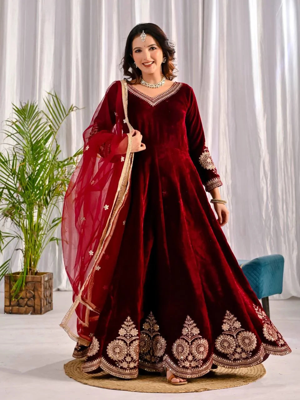 Luxury Velvet Anarkali Set with Heavy Sequence Embroidery & Net Dupatta