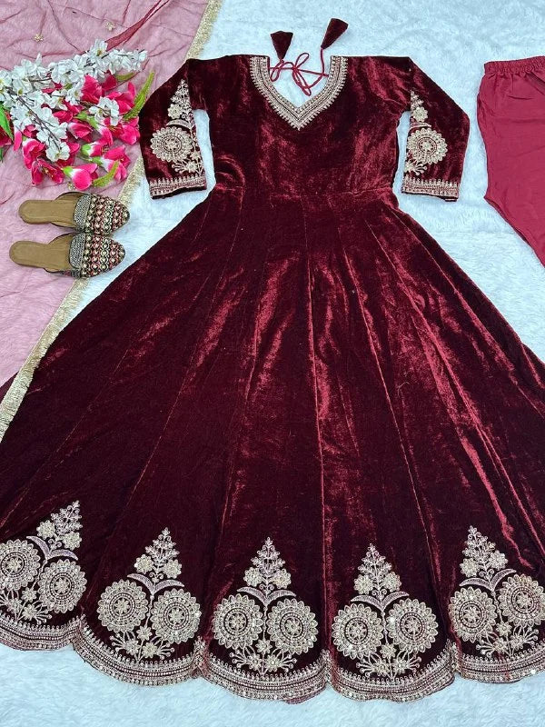 Luxury Velvet Anarkali Set with Heavy Sequence Embroidery & Net Dupatta