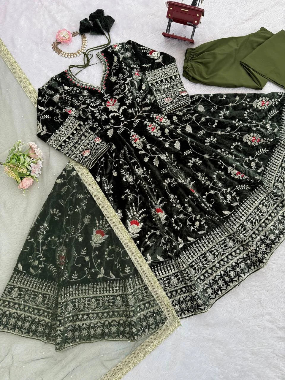 Luxury Velvet Top & Pant Set with Butterfly Net Dupatta