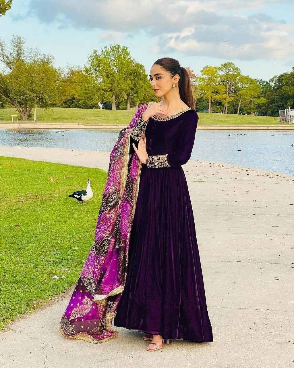 Heavy Velvet Embroidered Sequence Gown With Chinon Silk Dupatta