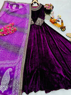 Heavy Velvet Embroidered Sequence Gown With Chinon Silk Dupatta