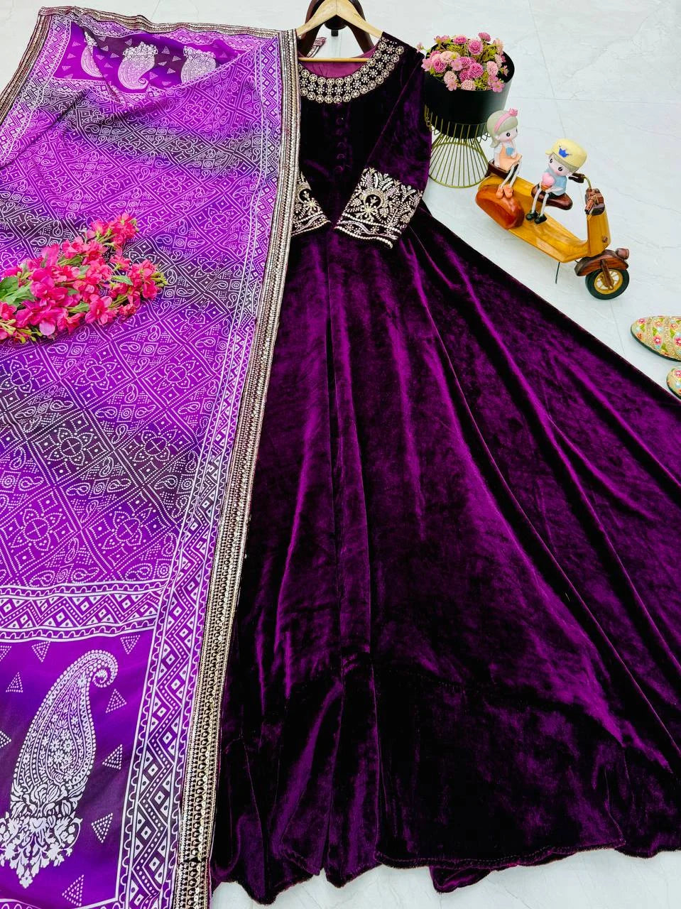 Heavy Velvet Embroidered Sequence Gown With Chinon Silk Dupatta