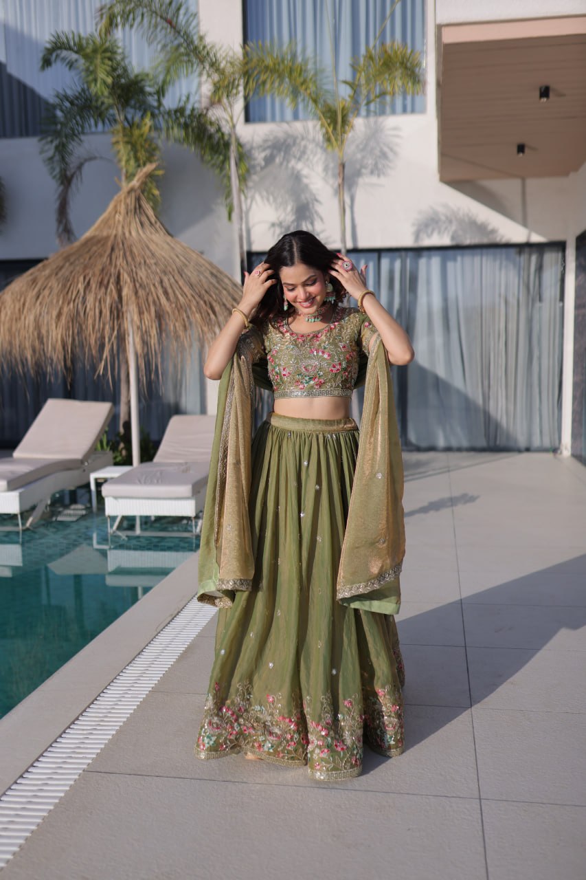 Pista Green Floral Embroidered Lehenga Set for Wedding & Festive Glam