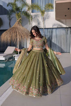 Pista Green Floral Embroidered Lehenga Set for Wedding & Festive Glam